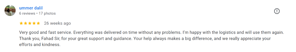 Google 5 star review for Adnovs shipping---client complimenting our fast and reliable service and our customer support